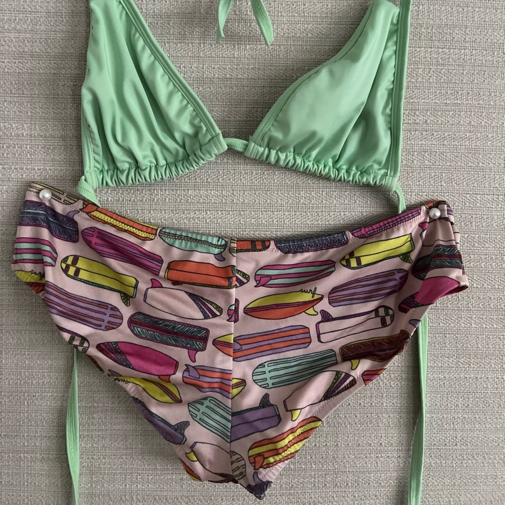 Vintage VS Zipper Bikini M Bottom Surf Board Print Breakwater Top L Swimsuit